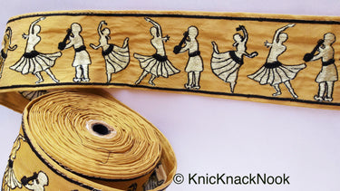 Beige Fabric Trim With Embroidered Dancers And Musicians in Gold & Black / Blue, Dance Music Trims, Approx. 80mm - 210119L514 / 15
